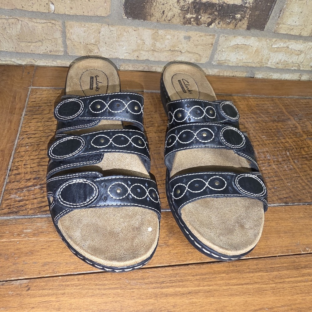 Clarks Leisa Cacti Slide Black Leather‎ Slip On Comfort Sandals Size 12 Open Toe